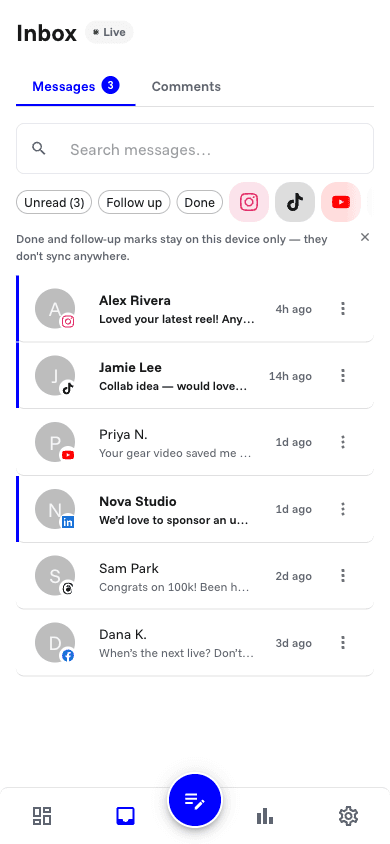 The ad2app inbox on a phone: one place for comments and direct messages, with tabs for Messages and Comments.